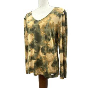CALVIN KLEIN PETITE CHAMOIS MULTI CAMOUFLAGE PRINT V-NECK LONG SLEEVE LARGE
